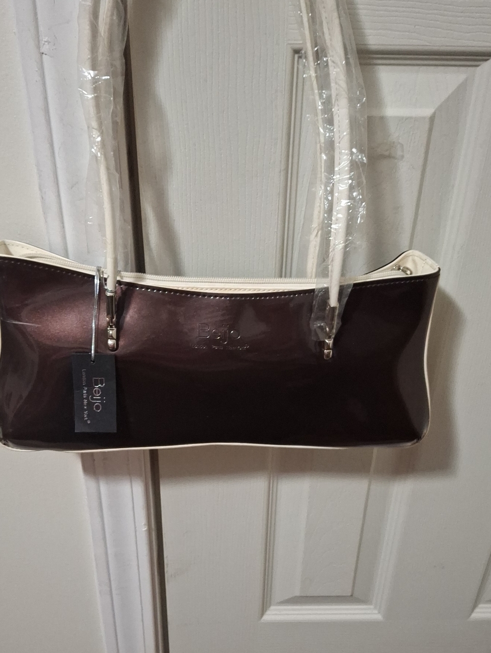 Beijo Patent Shoulder Bag in Dark Brown with Cream Trim